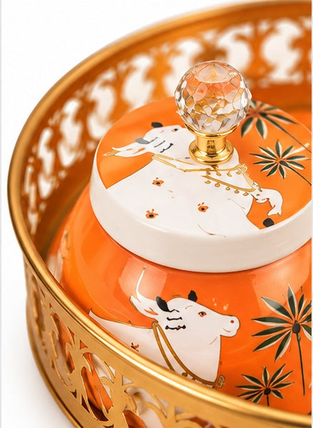 Orange Pichwai cow basket tray with 2 jars, close-up detail
