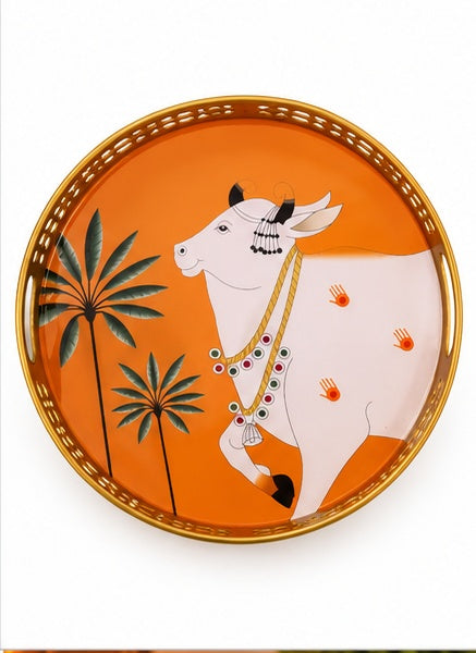 Orange Pichwai cow and palm round trays set of 2, alternate view
