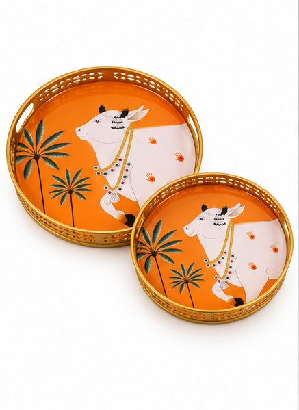 Orange Pichwai cow and palm round trays set of 2, close-up detail