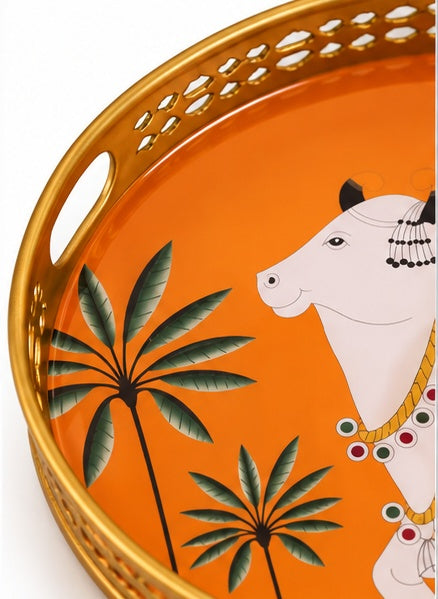 Orange Pichwai cow and palm round trays set of 2, close-up detail