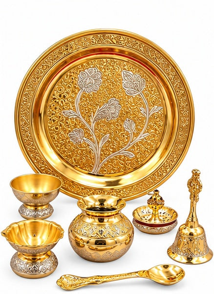 Gold and silver puja thali set in red velvet box