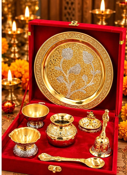 Gold and silver puja thali set in red velvet box