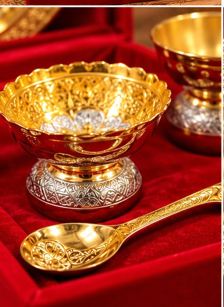 Gold and silver puja thali set in red velvet box