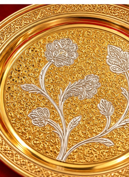 Gold and silver puja thali set in red velvet box