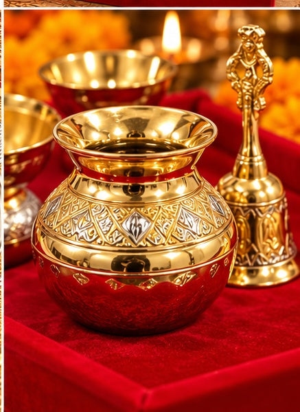 Gold and silver puja thali set in red velvet box