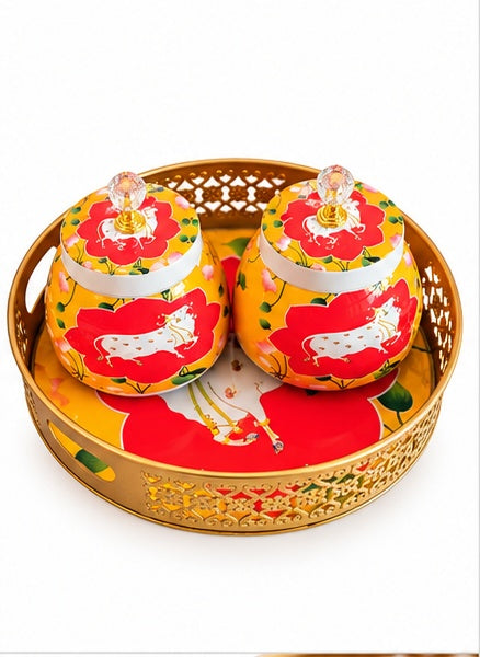 Pichwai cow jars set of 2 with round tray, Red & Yellow, front view