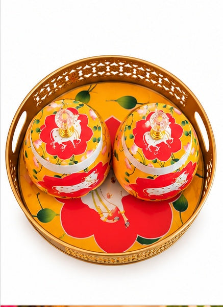 Pichwai cow jars set of 2 with round tray, Red & Yellow, alternate view