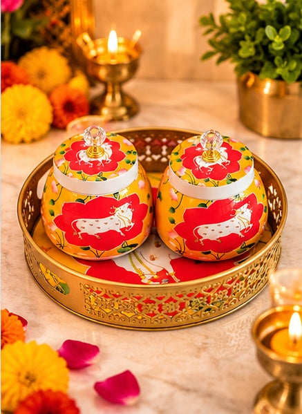 Pichwai cow jars set of 2 with round tray, Red & Yellow, styled view