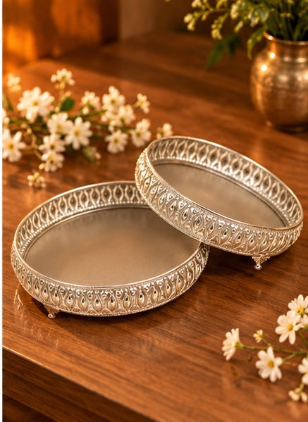 Silver jaali footed round trays set of 2, styled view