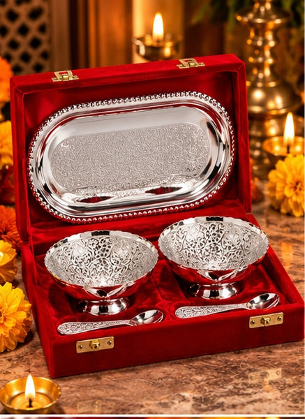Silver dry fruit bowl set with oval tray and spoons in velvet box