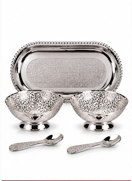 Silver dry fruit bowl set with oval tray and spoons in velvet box