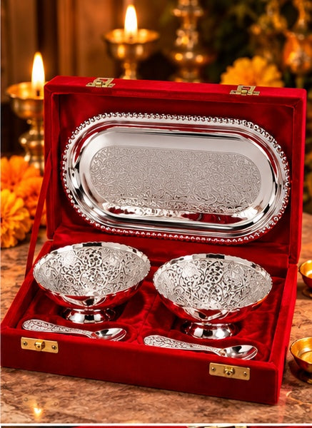 Silver dry fruit bowl set with oval tray and spoons in velvet box