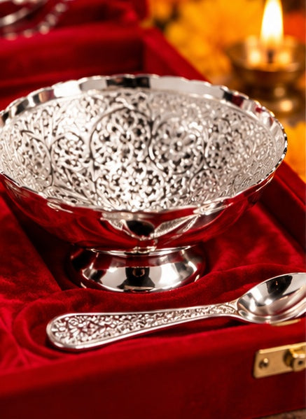 Silver dry fruit bowl set with oval tray and spoons in velvet box