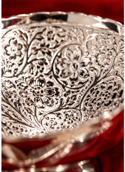 Silver dry fruit bowl set with oval tray and spoons in velvet box