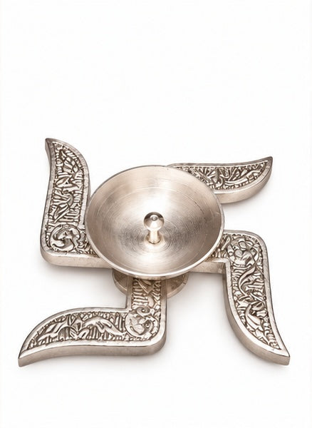 Silver swastik diya in red velvet box
