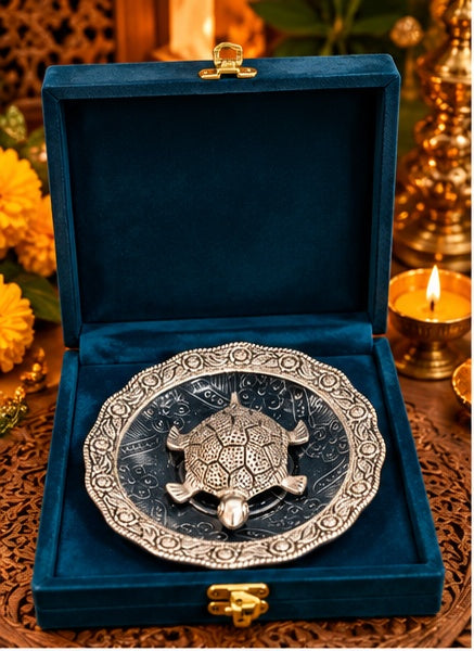 Silver vastu tortoise on plate in blue velvet box