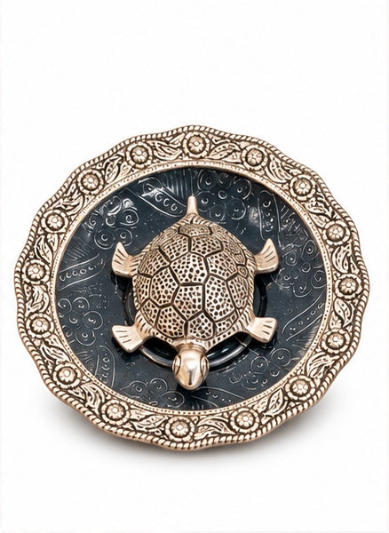 Silver vastu tortoise on plate in blue velvet box