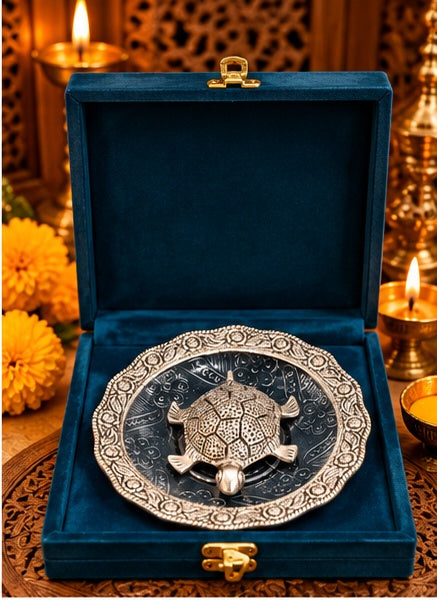 Silver vastu tortoise on plate in blue velvet box