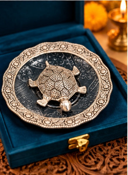 Silver vastu tortoise on plate in blue velvet box