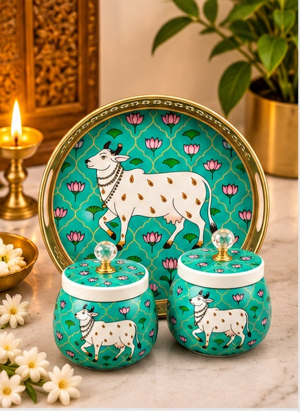Pichwai cow jars set of 2 with round tray, Teal, styled in a festive setting