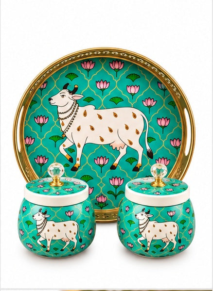 Pichwai cow jars set of 2 with round tray, Teal, front view