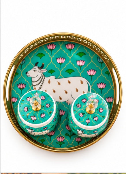 Pichwai cow jars set of 2 with round tray, Teal, alternate view