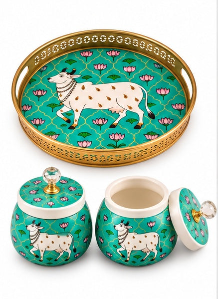Pichwai cow jars set of 2 with round tray, Teal, close-up detail