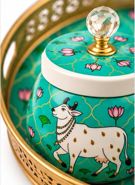 Pichwai cow jars set of 2 with round tray, Teal, close-up detail