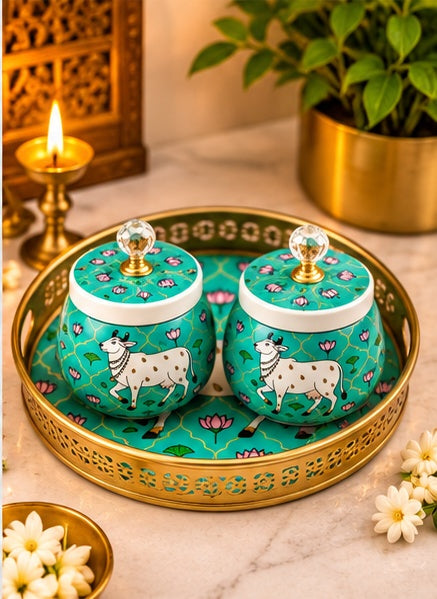 Pichwai cow jars set of 2 with round tray, Teal, styled view
