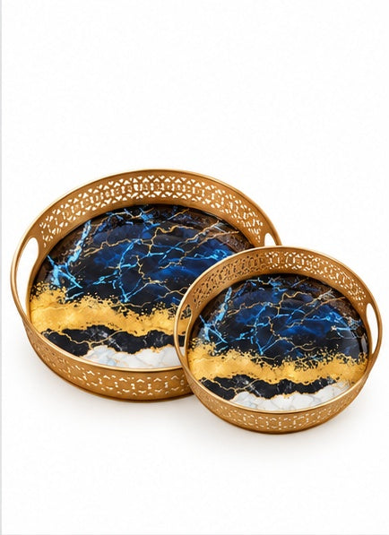 Blue and gold marble look round trays set of 2, front view