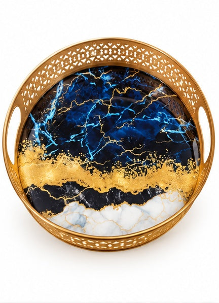 Blue and gold marble look round trays set of 2, large tray