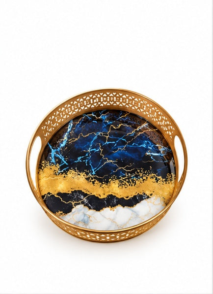 Blue and gold marble look round trays set of 2, small tray