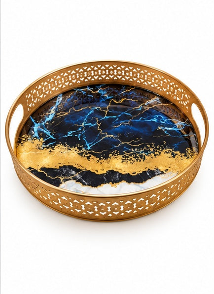 Blue and gold marble look round trays set of 2, alternate view