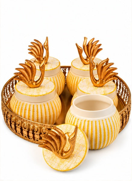 Ivory swan lid jars set of 4 with tray, front view