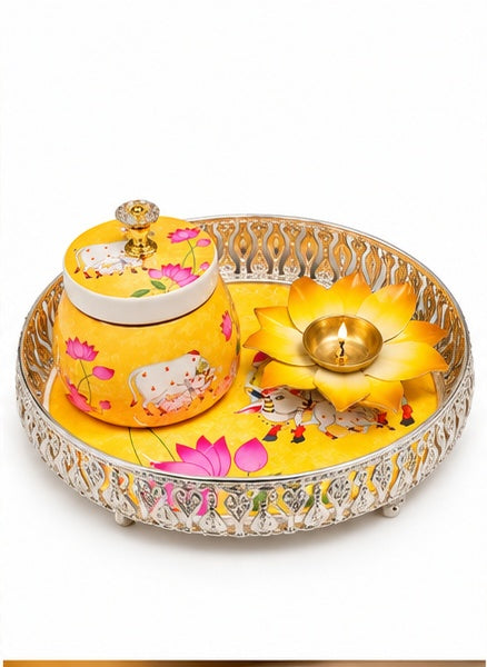 Pichwai puja thali set with jar and lotus diya, Yellow Cow & Lotus, front view